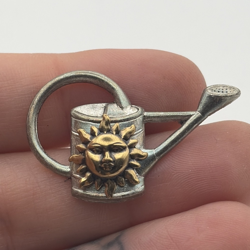 Watering Can Silver Tone Sun Bronze Tone Lapel Hat Pin